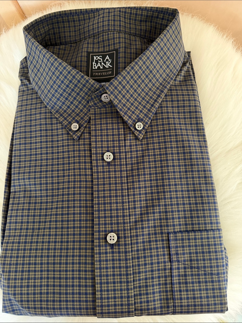 Jos. A. Bank Traveler Blue and Olive Plaid Button-Down Tailored Fit Shirt